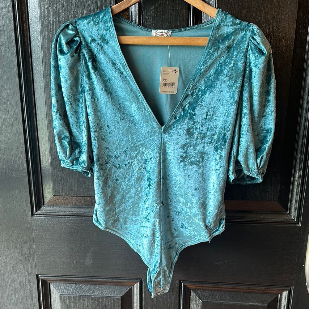 NWT Free People Intimately Elegant Teal Velvet Women's Thong Bodysuit Sz. XS